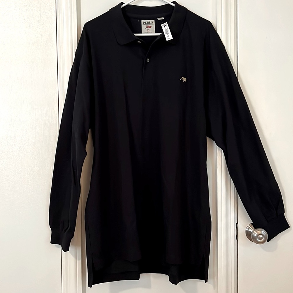 NWT XL Long Sleeve black knit Perlis Polo w gold Crawfish. New Orleans Saints